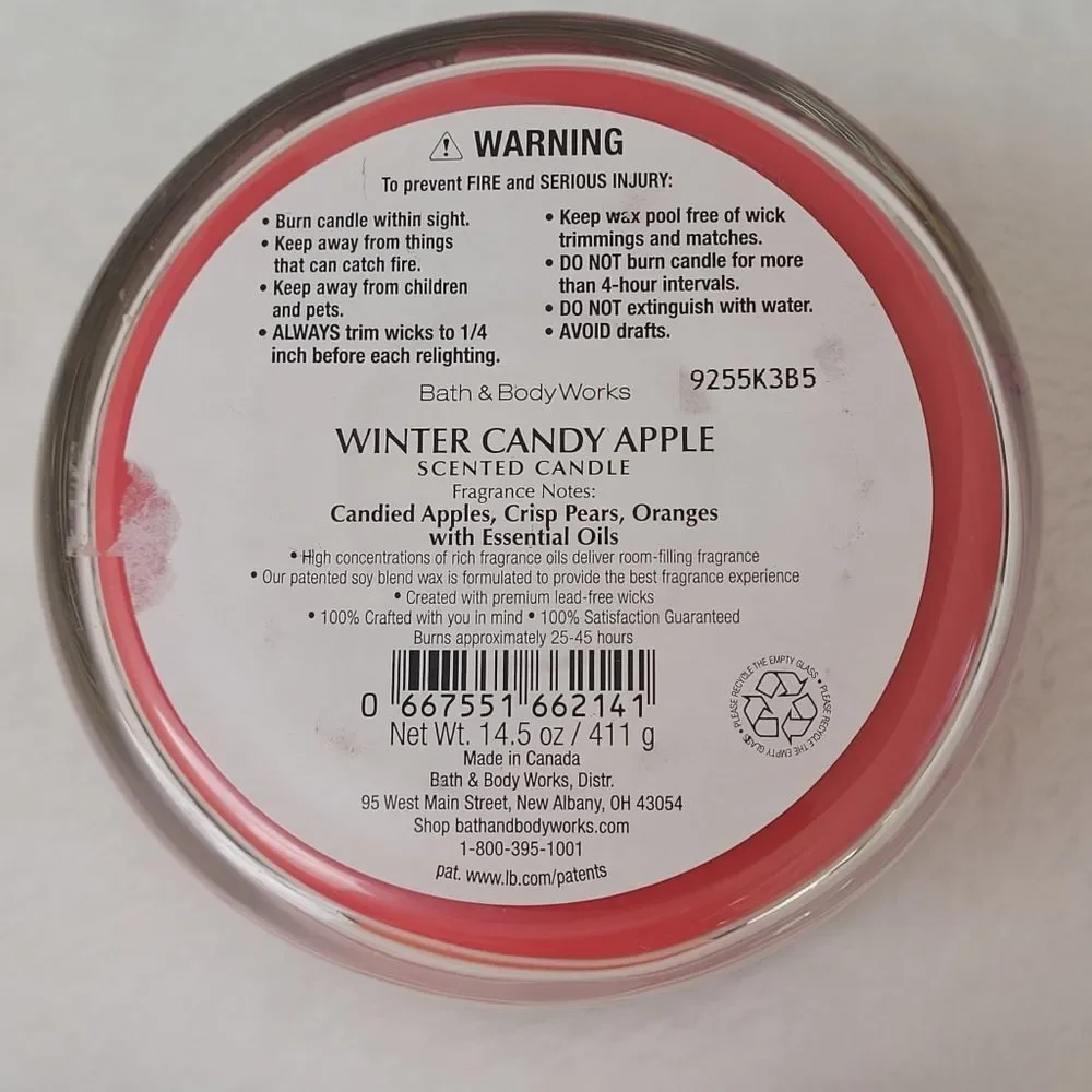 BBW 3 Wick Candle Winter Candy Apple WCA 14.5 Oz Christmas Ornament Lid New